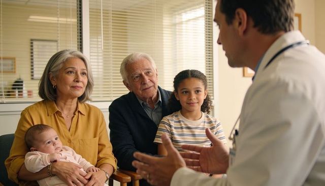 Multigenerational family consulting pediatrician while holding infant during clinic visit