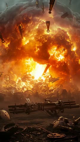 Fiery explosion erupting from battlefield crater, shells raining, aftermath devastation