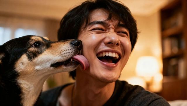 Laughing young man getting affectionate lick from black-and-tan dog in cozy living room