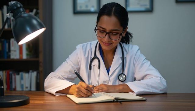 Female physician writing patient notes at clinic desk under lamp with stethoscope