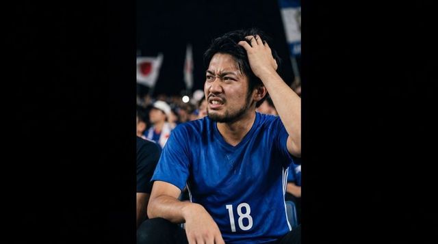 Frustrated fan tugging hair during tense match wearing blue jersey 18 under stadium lights