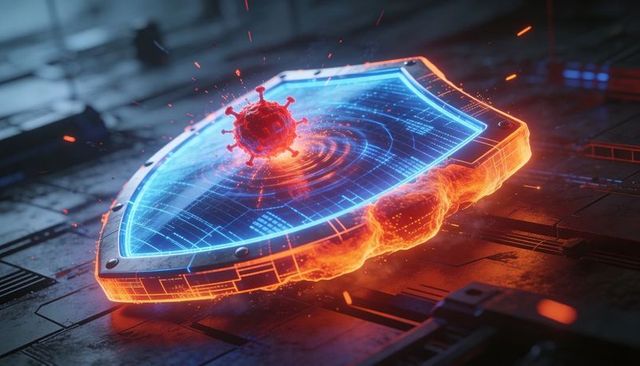 Projecting holographic shield protecting circuitry from viral threat with molten neon rim