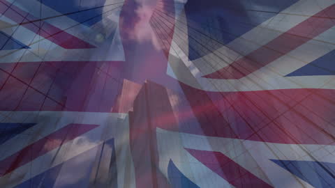 UK Flag Overlay on Modern Cityscape for Business Concept