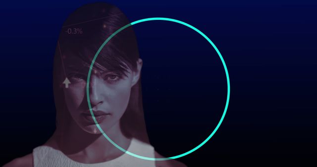 Composition of circle over caucasian woman on blue background. Global computing and data processing concept digitally generated image.