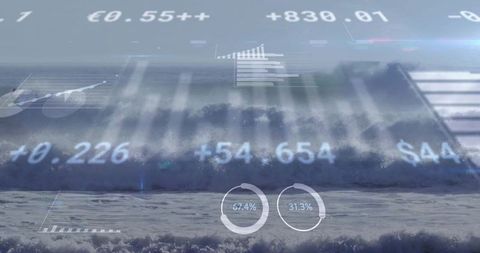 Cresting ocean wave overlaying financial charts visualizing market risk and volatility
