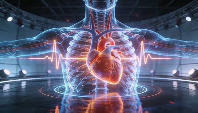 Glowing anatomical heart hologram pulsing inside transparent chest with ecg waveform