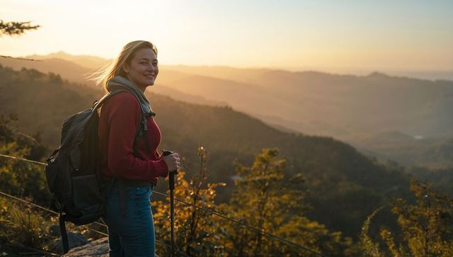 Smiling hiker overlooking mountain valley at sunset with backpack and trekking pole