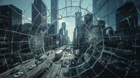 Urban street view through shattered glass with bullet markings