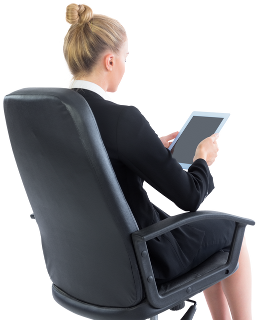 Transparent Background Blonde Businesswoman With Tablet Sitting On Swivel Chair - Download Free Stock Videos Pikwizard.com