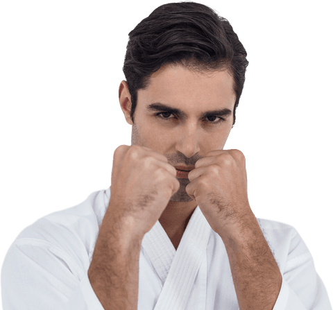 Serious Martial Artist in Karate Stance on Transparent Background