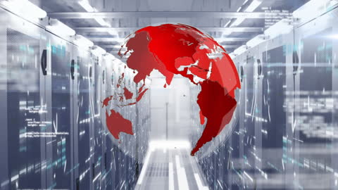 Futuristic Data Center with Rotating Globe and Programming Code