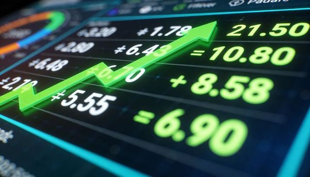 Green upward arrow indicating stock market gains neon digital financial dashboard