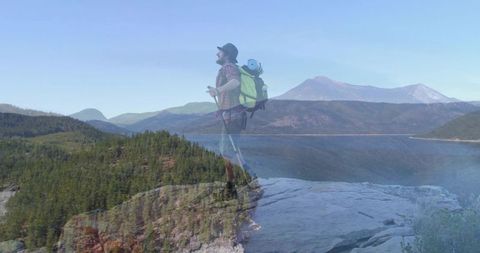 Hiker Enjoying Scenic Mountain Lake View, Embracing Adventure