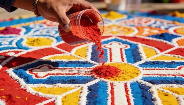 Hand pouring red powder over vibrant rangoli floor design during diwali celebration