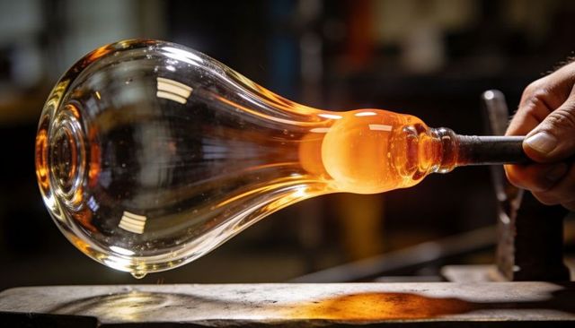 Shaping molten glass bulb on blowpipe at artisan bench, forming glowing droplet