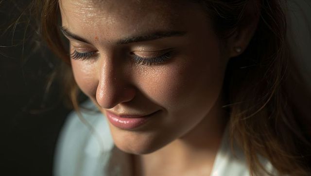 Young woman resting with eyes closed smiling soft chiaroscuro portrait for wellness and skincare
