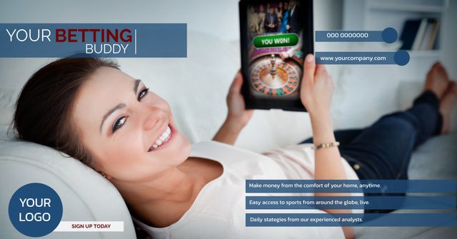 Smiling Woman Using Mobile Betting App for Home Entertainment - Download Free Stock Templates Pikwizard.com