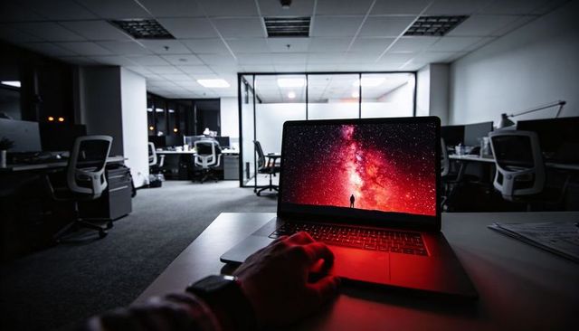 Night office laptop displaying red nebula on screen with hand and smartwatch