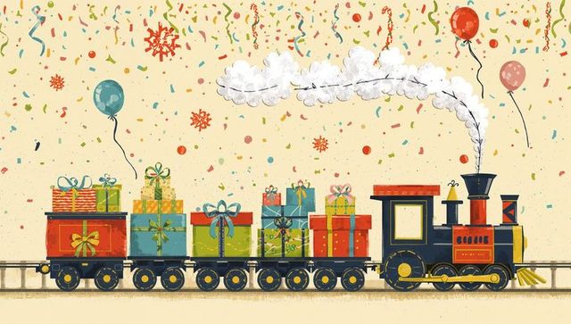 Vintage steam train carrying colorful wrapped gifts and balloons across festive confetti sky