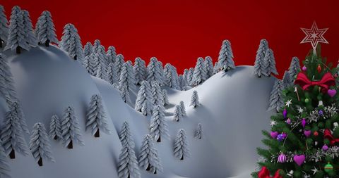 Winter Snowy Landscape with Christmas Tree and Red Sky