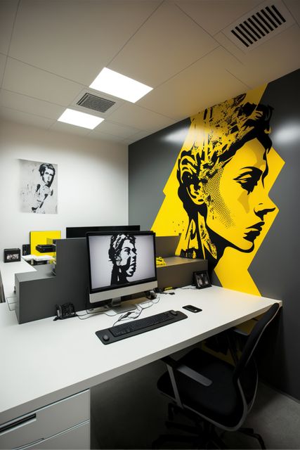 Modern workspace featuring a contemporary wall mural and sleek desk setup. Ideal for showcasing creative office designs, tech-savvy workspaces, and modern business environments. Perfect for illustrating themes related to productivity, innovation, and professional settings.