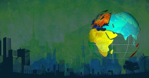 Colorful 3D Globe with City Silhouette at Dusk - Download Free Stock Images Pikwizard.com