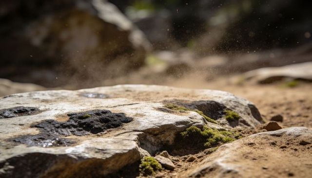 Sunlit weathered sandstone slab catching warm light with moss and sand on canyon floor