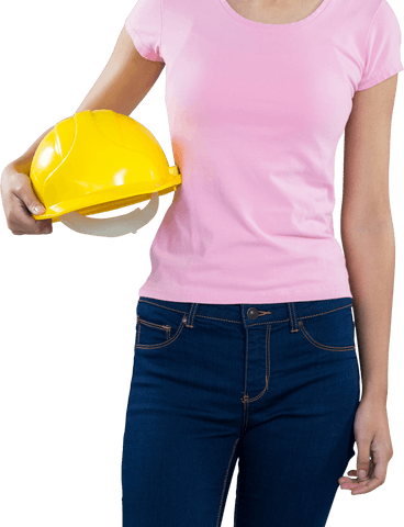 Midsection woman holding yellow hard hat on transparent background