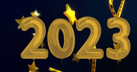 Festive 2023 Balloons with Stars and Ribbons on Black Background