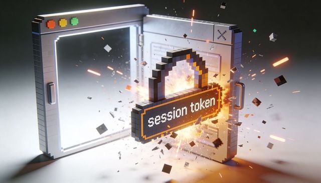 Exploding voxel padlock labeled session token breaching browser security interface