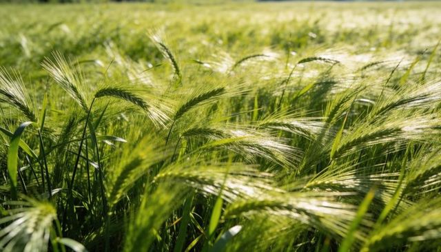 Swaying sunlit barley stalks showing gleaming awns and grain texture closeup