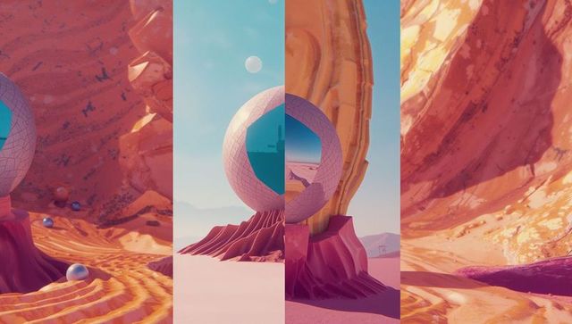 Sci-fi landscape: reflective sculpture and metallic orbs in desert.