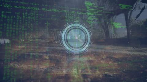 Digital Clock Interface Overlaying Park Area with Data Streams