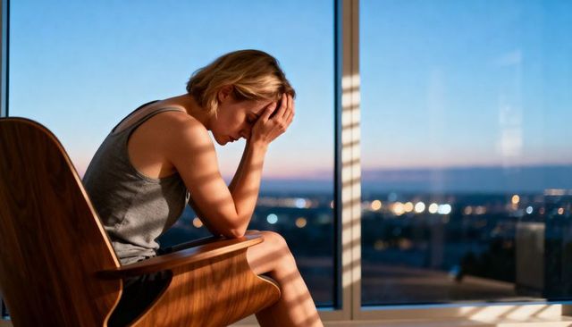 Woman holding head in hands at dusk by window, emotional solitude in modern interior