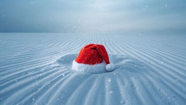 Red santa hat resting on rippled snow plain, falling snowflakes, winter holiday mood