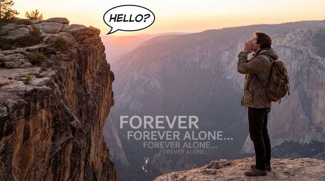 Lone hiker shouting across canyon at sunset with backpack, speech bubble, copy space