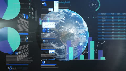 Animated Infographic Interface with Rotating Globe and Trading Data
