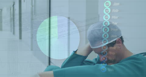 Stressed Surgeon in Hospital with Statistical Data Overlay
