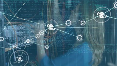 Digital Interface with Female Worker in High-Tech Server Room