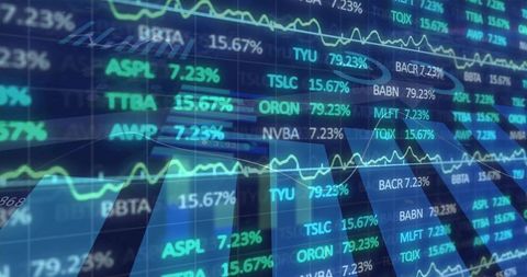 Neon Financial Dashboard Showing Digital Stock Tickers, Percent Changes and Line Charts