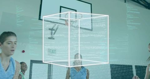 Holographic Data Cube Hovering Over Basketball Court Showing Performance Analytics