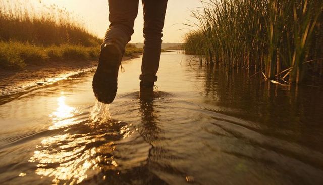 Person walking through shallow stream at sunset wearing boots creating ripples, reflection