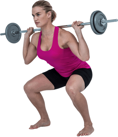 Transparent female bodybuilder lifting barbell in pink tank top