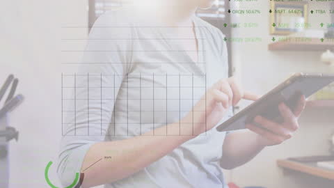 Woman Analyzing Financial Data on Tablet with Overlay Graphics