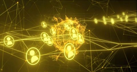 Glowing network hub connecting digital avatars in luminous cyber web