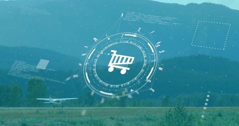 Futuristic Shopping Technology Concept with Plane and Cyber Interface