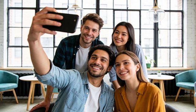 Smiling diverse friends taking selfie in sunlit industrial lounge during coworking break