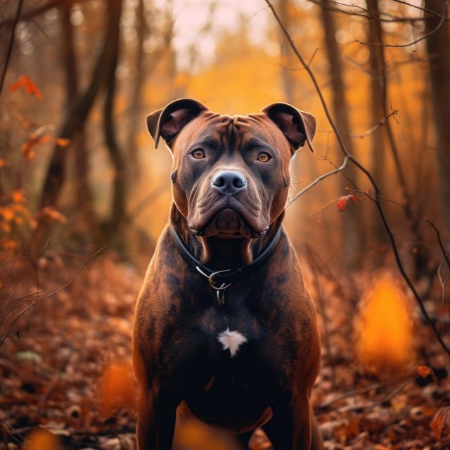 Picture shows a Pit Bull Terrier standing alert in an autumn forest. The background includes orange foliage and fallen leaves, conveying a vibrant and serene natural setting. Useful for themes related to pets, nature, autumn, and the outdoors. Ideal for use in pet care advertisements, nature-themed articles, and autumn promotions.