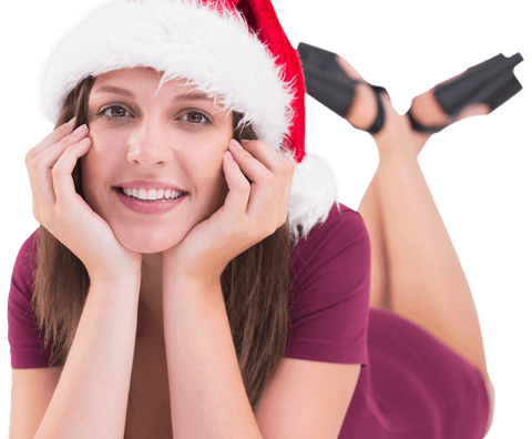 Festive Brunette Smiling in Santa Hat Lying on Transparent Background