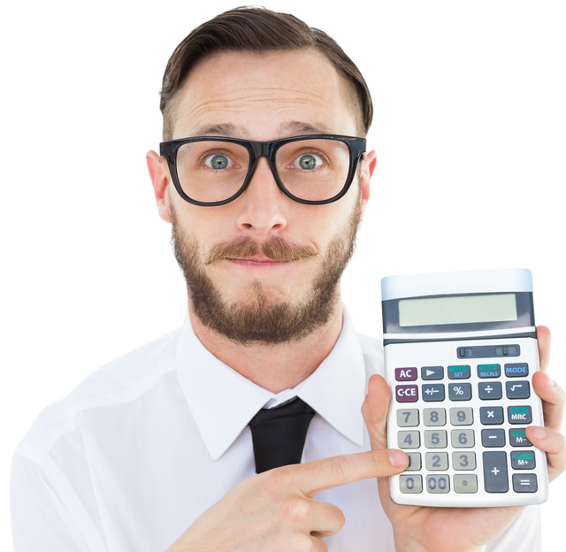 Transparent Geeky Businessman Pointing to Calculator with Surprised Expression - Download Free Stock Videos Pikwizard.com